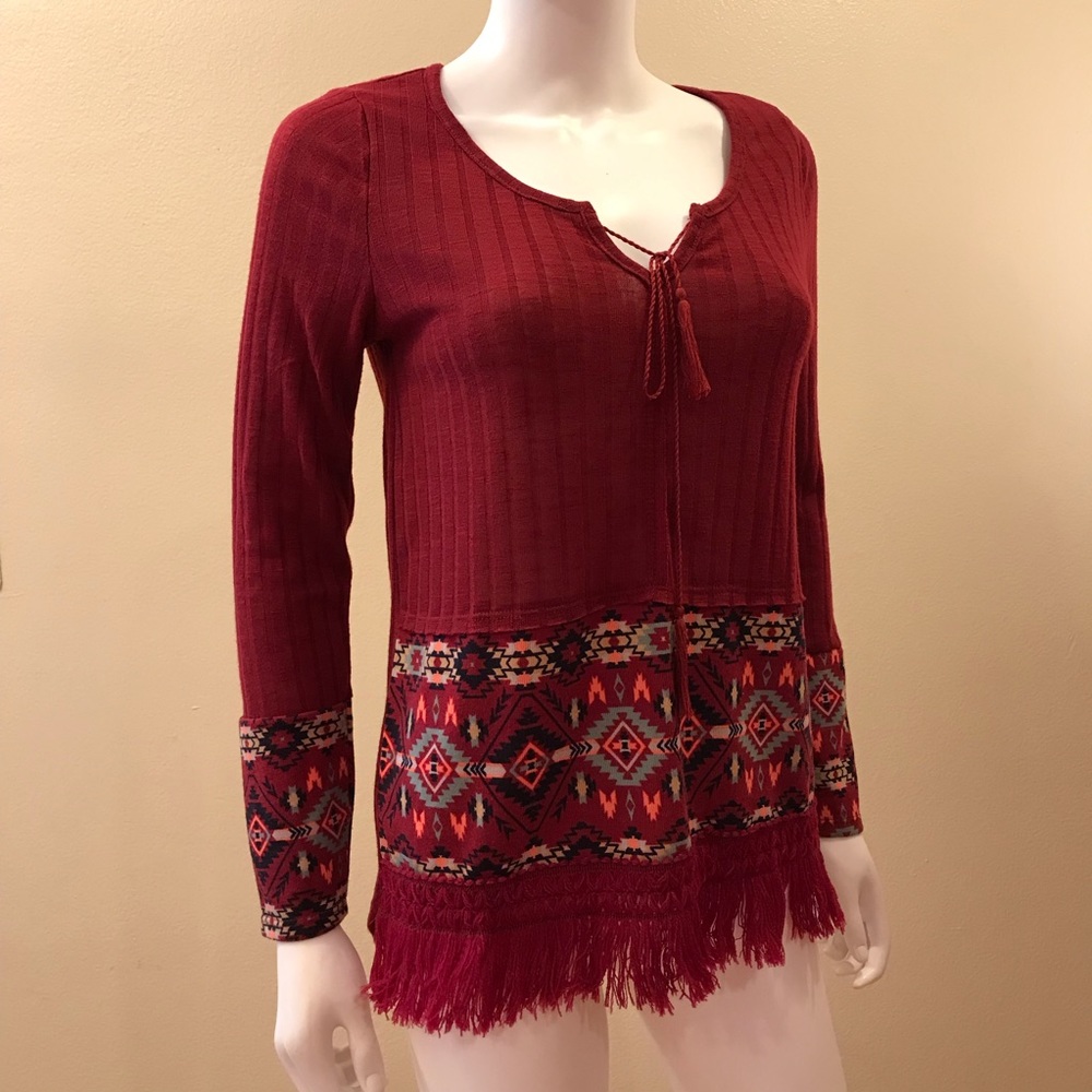 Crave Fame Long Sleeve Top Size M Burgundy Aztec Trim Fringed Tassel Boho Fall